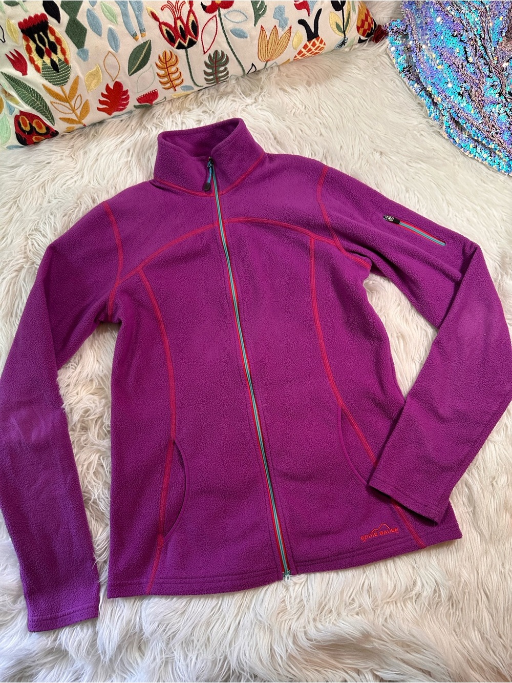 Eddie Bauer • Dark Magenta Full Zip Fleece Jacket with Contrasting Zip & Stitch